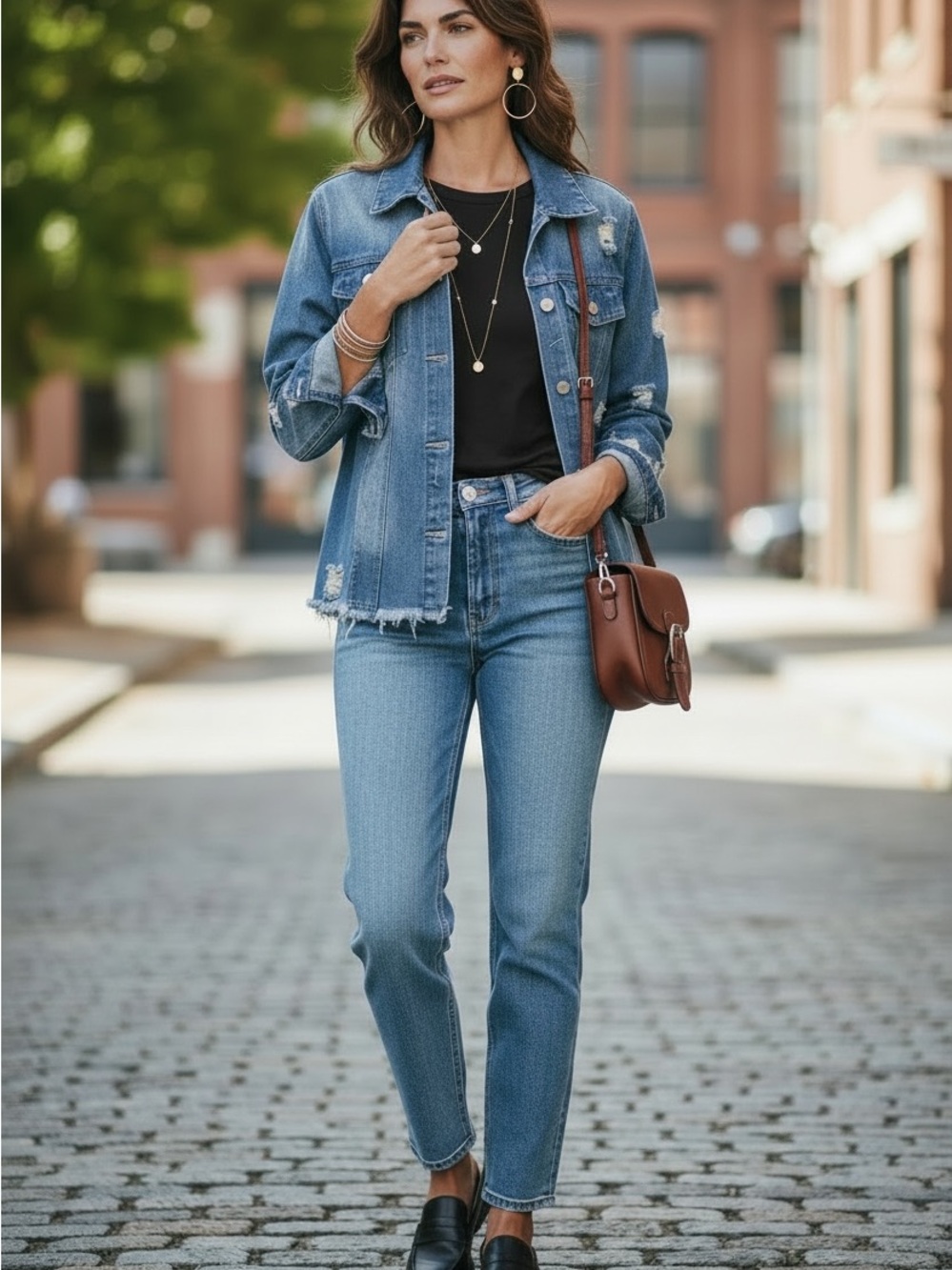 Distressed Denim Jacket | Oversized Medium Wash Jean Jacket | Frayed Hem